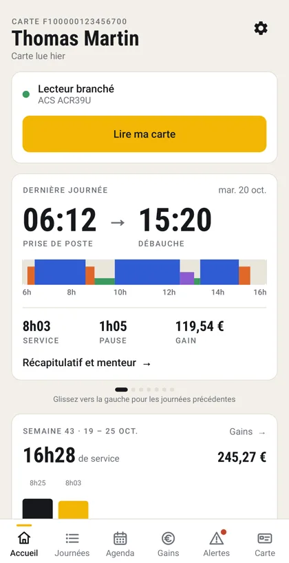 Application TachoApp Pro, écran d'accueil en mode clair.