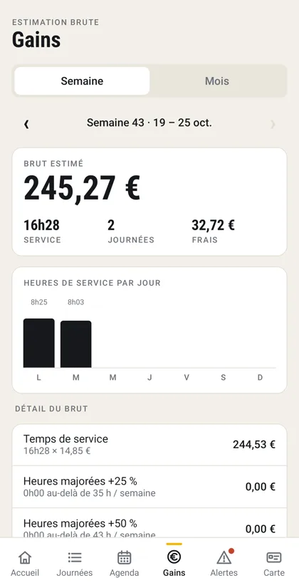 TachoApp Pro : l'estimation du salaire brut de la semaine.