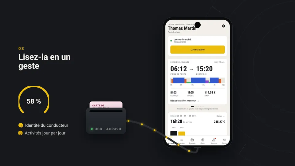 Motion design : lecture d'une carte conducteur, cadran à 100 % et données vérifiées.