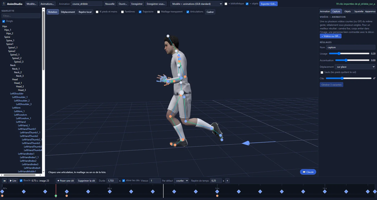 AnimStudio : vue de profil du joueur en foulée, avec la barre de temps et ses images clés.